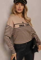 Beżowy Sweter z Bawełną Ozdobiony Haftowanym Napisem i Paskami Zeanika. Brązowe swetry Renee, bez wzorów, z bawełny, casualowe, bez ramiączek. W wyprzedaży za 71.99 zł.