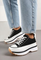 Czarne Trampki na Platformie pod Kostkę Faloniela. Czarne trampki Renee, bez wzorów, z jeansu, eleganckie, bez zapięcia. W wyprzedaży za 67.99 zł.