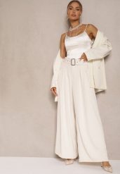 Jasnobeżowe Spodnie Garniturowe o Szerokim Kroju High Waist Ozdobione Paskiem Halanilia. Brązowe jeansy Renee, l, bez wzorów, z jeansu, eleganckie, z podwyższonym stanem. W wyprzedaży za 89.99 zł.