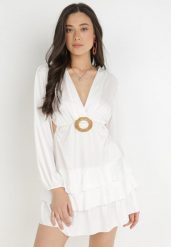 Biała Sukienka Damotis. Białe sukienki Born2be, s, bez wzorów, z tkaniny, bez kołnierzyka, bez ramiączek, mini, kopertowe. Za 169.99 zł.
