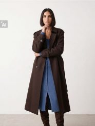Dwurzędowy płaszcz loose fit z paskiem - brązowy. Brązowe płaszcze Sinsay, l, bez wzorów, bez kaptura. Za 139.99 zł.