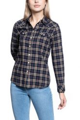 DAMSKA KOSZULA MATERIAŁOWA WRANGLER WESTERN CHECK SHIRT NAVY W5N1O9114 112130256. Niebieskie koszule Wrangler, s, bez wzorów, z materiału, bez kołnierzyka, bez ramiączek. Za 129.99 zł.