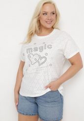 Biały T-shirt Ażurowy z Ozdobnymi Cyrkoniami Cevola. Białe t-shirty Born2be, xl, w ażurowe wzory, bez kołnierzyka, bez ramiączek. Za 59.99 zł.