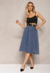 Niebieska Rozkloszowana Spódnica Jeansowa Midi z Paskiem Wendlla. Niebieskie spódnice Renee, l, bez wzorów, z jeansu, midi, rozkloszowane. W wyprzedaży za 151.99 zł.