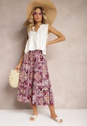 Fioletowe Spodnie Kuloty z Bawełny High Waist z Gumką w Pasie Palovia. Fioletowe jeansy Renee, na lato, l, bez wzorów, z bawełny, z podwyższonym stanem. W wyprzedaży za 29.99 zł.