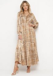 Brązowa Sukienka Maxi z Gumką w Talii i Plisowanym Dołem w Tweedowy Wzór Viostana. Brązowe sukienki Born2be, na co dzień, l, bez wzorów, eleganckie, bez kołnierzyka, bez ramiączek, maxi, plisowane. W wyprzedaży za 118.99 zł.