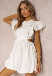 Biała Sukienka Naeseris. Białe sukienki Renee, m, z aplikacjami, z bawełny, bez kołnierzyka, bez ramiączek, mini, bombki. W wyprzedaży za 119.99 zł.