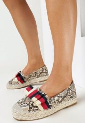 Beżowe Plecione Espadryle z Imitacji Skóry Węża z Kokardką Marleia. Brązowe espadryle Born2be, bez wzorów, ze skóry, bez obcasa. W wyprzedaży za 42.49 zł.