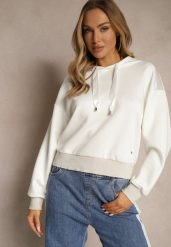 Biała Bluza z Kapturem Ozdobiona Ściągaczami i Metaliczną Nitką Ulisiela. Białe bluzy Renee, l, bez wzorów, z jeansu, casualowe, bez ramiączek, z kapturem. W wyprzedaży za 63.99 zł.