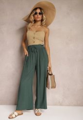 Zielone Spodnie z Bawełny High Waist z Szerokimi Nogawkami i Gumką w Pasie Clisea. Zielone jeansy Renee, na lato, xl, bez wzorów, z bawełny, z podwyższonym stanem. W wyprzedaży za 31.99 zł.