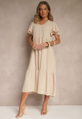 Jasnobeżowa Rozkloszowana Sukienka z Wiskozą w Casualowym Stylu Filarenna. Brązowe sukienki Renee, na co dzień, l, bez wzorów, z wiskozy, eleganckie, bez kołnierzyka, bez ramiączek, midi, rozkloszowane. W wyprzedaży za 59.49 zł.