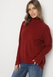 Bordowy Klasyczny Golf z Dodatkiem Kaszmiru Zoirmosa. Czerwone swetry Born2be, bez wzorów, z jeansu, biznesowe, bez ramiączek. Za 119.99 zł.
