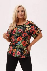 Bluzka MAKOVSKA - print w maki na czarnym tle PLUS SIZE XXL OVERSIZE. Czarne bluzki Moda Size Plus Iwanek, l, bez wzorów, z bawełny, eleganckie, bez kołnierzyka, plus size, bez ramiączek. Za 149.90 zł.