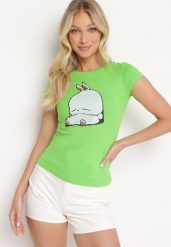 Jasnozielony Bawełniany T-shirt z Ozdobnym Nadrukiem Ianestra. Zielone t-shirty Born2be, m, bez wzorów, z bawełny, bez kołnierzyka, bez ramiączek. Za 49.99 zł.