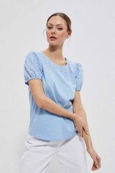 Bawełniana bluzka z bufkami. Niebieskie bluzki MOODO, l, bez wzorów, z bawełny, bez kołnierzyka, bez ramiączek. W wyprzedaży za 19.99 zł.