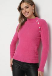 Fuksjowy Sweter Półgolf z Guzikami Irisaia. Czerwone swetry Born2be, m, bez wzorów, z jeansu, eleganckie, bez ramiączek. W wyprzedaży za 59.49 zł.
