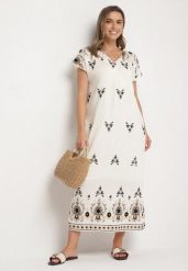 Biało-Czarna Wiskozowa Sukienka Pudełkowa z Ornamentnym Wzorem Melosea. Białe sukienki Born2be, na co dzień, l, bez wzorów, z wiskozy, eleganckie, bez kołnierzyka, bez ramiączek, maxi. Za 109.99 zł.