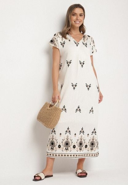 Biało-Czarna Wiskozowa Sukienka Pudełkowa z Ornamentnym Wzorem Melosea. Białe sukienki Born2be, na co dzień, l, bez wzorów, z wiskozy, eleganckie, bez kołnierzyka, bez ramiączek, maxi. Za 109.99 zł.