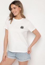 Biały T-shirt z Bawełny Ozdobiony Naszywką Firolee. Białe t-shirty Born2be, m, z aplikacjami, z bawełny, bez kołnierzyka, bez ramiączek. W wyprzedaży za 46.74 zł.