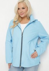 Jasnoniebieska Kurtka o Prostym Kroju z Odpinanym Kapturem Nusanelis. Niebieskie kurtki Born2be, plus size, bez wzorów, z jeansu, eleganckie. Za 189.99 zł.