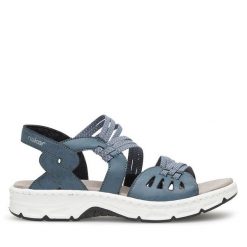 Sandały Rieker. Niebieskie sandały Rieker, bez wzorów, bez obcasa, na płaskiej podeszwie, bez zapięcia. Za 289.99 zł.