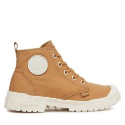 Trapery Palladium. Brązowe traperki Palladium, bez wzorów, bez obcasa, bez zapięcia. Za 429.99 zł.