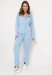 Jasnoniebieski 2-częściowy Komplet Dresowy Bluza z Kapturem Spodnie z Gumką w Pasie Regulowane Tellfana. Niebieskie bluzy Born2be, s, bez wzorów, z dresówki, eleganckie, bez ramiączek, z kapturem. Za 109.99 zł.