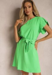 Jasnozielona Mini Sukienka Rozkloszowana ze Zdobionym Rękawem i Materiałowym Paskiem Ajemia. Zielone sukienki Renee, m, z aplikacjami, z materiału, eleganckie, bez kołnierzyka, bez ramiączek, mini, rozkloszowane. W wyprzedaży za 47.99 zł.