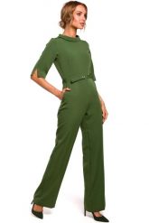 Zielony Elegancki Kombinezon na Stójce z Rękawami do Łokcia. Zielone kombinezony MOE, l, bez wzorów, z elastanu, eleganckie, bez kołnierzyka, bez ramiączek. Za 283.90 zł.