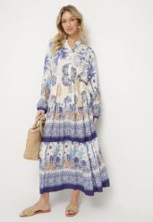 Niebieska Wiskozowa Sukienka w Etniczne Wzory o Rozkloszowanym Kroju Xarisen. Niebieskie sukienki Born2be, na co dzień, l, bez wzorów, z wiskozy, eleganckie, bez kołnierzyka, bez ramiączek, maxi, rozkloszowane. Za 99.99 zł.