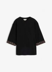 Bluza z mieszanki bawełny, z nadrukiem panterki. Czarne bluzy bonprix, bez wzorów, z bawełny, bez ramiączek, bez kaptura. Za 84.99 zł.