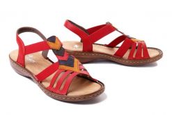 RIEKER 60804-33 red combination, sandały damskie. Czerwone sandały Rieker, bez wzorów, bez obcasa, na obcasie, bez zapięcia. Za 289.90 zł.