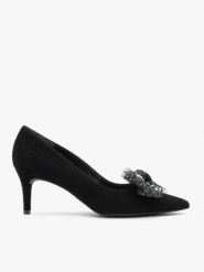 Czarne czółenka z odpinaną kokardą. Czarne czółenka Brawo sp. z o.o., bez wzorów, ze skóry, eleganckie, bez obcasa, na obcasie, bez zapięcia. Za 399.99 zł.