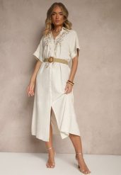 Beżowa Koszulowa Sukienka z Lnu i Wiskozy z Haftem i Plecionym Paskiem Atelessa. Brązowe sukienki Renee, na co dzień, l, bez wzorów, z materiału, eleganckie, bez kołnierzyka, bez ramiączek, midi, koszulowe. Za 169.99 zł.