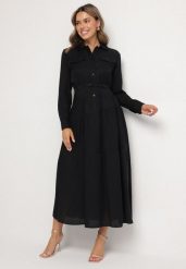 Czarna Wiskozowa Sukienka Ozdobiona Paskiem i Guzikami Ronitte. Czarne sukienki Born2be, na co dzień, l, bez wzorów, z wiskozy, eleganckie, bez kołnierzyka, bez ramiączek, maxi. W wyprzedaży za 135.99 zł.