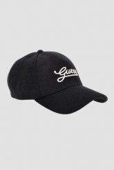 GUESS Czarna czapka z daszkiem Baseball Cap. Czarne czapki z daszkiem Guess, z aplikacjami. W wyprzedaży za 99.99 zł.