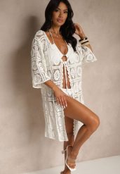 Biały Ażurowy Kardigan z Bawełny Ozdobiony Wiązaniem Halomesa. Białe swetry Renee, z aplikacjami, z bawełny, bez ramiączek. Za 139.99 zł.