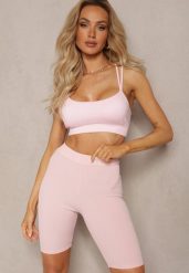 Jasnoróżowe Sportowe Szorty Kolarki Prążkowane High Waist Steiama. Czerwone szorty sportowe Renee, bez wzorów, z materiału, z podwyższonym stanem, do biegania. W wyprzedaży za 23.99 zł.