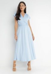 Jasnoniebieska Sukienka Kopertowa Chloriera. Niebieskie sukienki Born2be, na imprezę, l, bez wzorów, z tkaniny, eleganckie, bez kołnierzyka, bez ramiączek, maxi, kopertowe. W wyprzedaży za 111.99 zł.