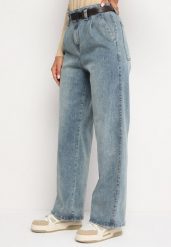 Jasnoniebieskie Jeansy z Bawełną o Szerokim Kroju z Wysokim Stanem i Paskiem Teriseteli. Niebieskie jeansy Born2be, l, bez wzorów, z bawełny, eleganckie, z podwyższonym stanem. W wyprzedaży za 127.49 zł.