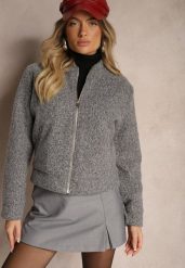 Szara Klasyczna Kurtka Przejściowa z Suwakiem Nelinia. Szare kurtki Renee, l, bez wzorów, z jeansu, eleganckie, bez kaptura. W wyprzedaży za 149.99 zł.