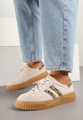 Beżowe Skórzane Sneakersy Klasyczne Tenisówki z Zamszu Naturalnego ze Wzorem w Panterkę Teniresela. Brązowe trampki Born2be, bez wzorów, z jeansu, klasyczne, bez zapięcia. Za 189.99 zł.