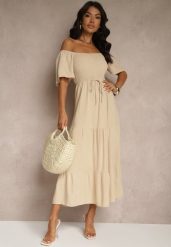 Beżowa Wiskozowa Sukienka z Lnem o Rozkloszowanym Kroju Koloreia. Brązowe sukienki Renee, na co dzień, m, bez wzorów, z wiskozy, eleganckie, bez kołnierzyka, bez ramiączek, midi, rozkloszowane. W wyprzedaży za 107.99 zł.