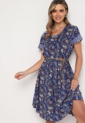 Granatowa Wiskozowa Sukienka Rozkloszowana we Wzór Paisley Mastis. Niebieskie sukienki Born2be, na imprezę, uniwersalny, bez wzorów, z materiału, bez kołnierzyka, bez ramiączek, rozkloszowane. Za 69.99 zł.