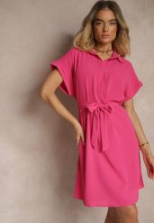Fuksjowa Sukienka Koszulowa Wiązana w Pasie z Krótkimi Rękawami Wellwood. Czerwone sukienki Renee, na imprezę, l, bez wzorów, z tkaniny, bez kołnierzyka, plus size, bez ramiączek, midi, koszulowe. W wyprzedaży za 67.99 zł.