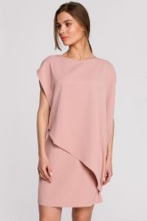 Elegancka sukienka mini z asymetryczną falbaną drapowana różowa. Czerwone sukienki Sukienki.shop, na imprezę, xl, bez wzorów, eleganckie, z asymetrycznym kołnierzem, bez ramiączek, mini, asymetryczne. Za 249.00 zł.