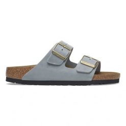 BIRKENSTOCK Arizona LEOI Basalt Gray Klapki damskie. Szare klapki Birkenstock, bez wzorów, z nubiku, eleganckie, z otwartym noskiem, bez obcasa, bez zapięcia. Za 449.99 zł.