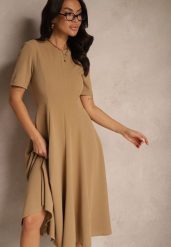 Ciemnobeżowa Sukienka Rozkloszowana o Taliowanym Fasonie Telaswena. Brązowe sukienki Renee, na co dzień, m, bez wzorów, eleganckie, bez kołnierzyka, bez ramiączek, midi, rozkloszowane. W wyprzedaży za 83.99 zł.