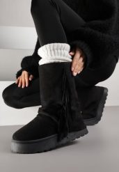Czarne Botki Śniegowce z Wywiniętą Cholewką Zdobioną Frędzlami Sewela. Czarne śniegowce Renee, z aplikacjami, z jeansu, bez zapięcia. Za 129.99 zł.