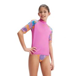 Top Dziecięcy/dziecięcy Ss Pt Pnl Snt Rash Top. Czerwone topy Speedo, bez wzorów, sportowe, bez kołnierzyka, bez ramiączek. Za 145.99 zł.